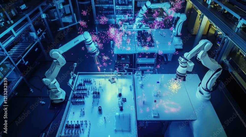Poster robotic arms manipulating samples and test tubes in a dark, futuristic laboratory, surrounded by col