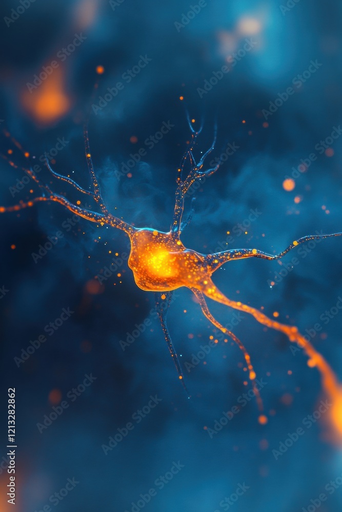 Poster realistic depiction of a single neuron firing, showcasing its complex structure and electrical activ
