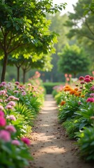 Naklejka premium A serene garden path lined with vibrant flowers and lush greenery
