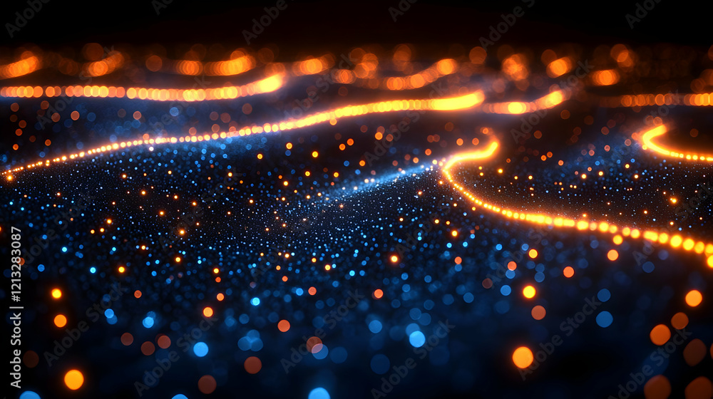 Poster abstract glowing particle waves background. dynamic blue and orange energy flowing light pattern tex