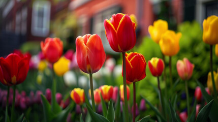 Fototapeta premium Beautiful garden with a variety of flowers, including red and yellow tulips