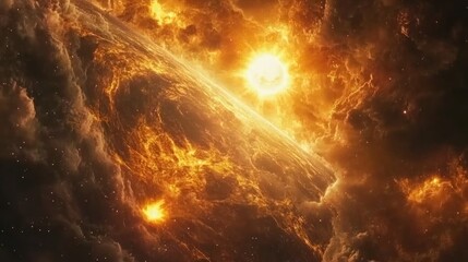 Naklejka premium Fiery planet engulfed, cosmic nebula background, space art, science fiction
