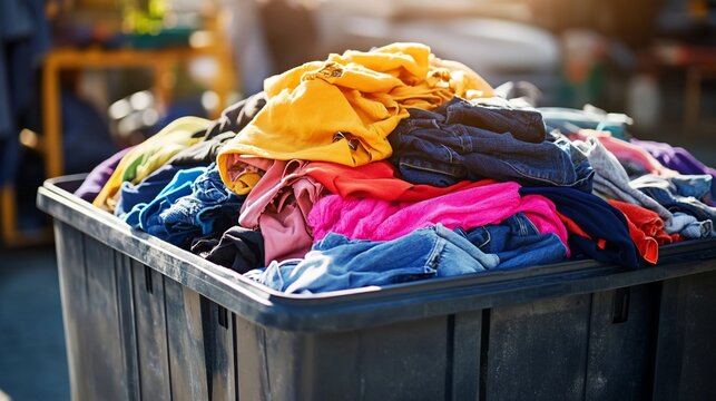 Colorful clothes piled high in donation bin outdoors at flea market