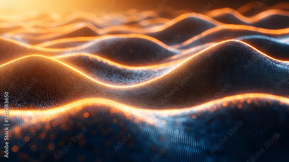 Poster abstract waves of glowing particles: dynamic digital background