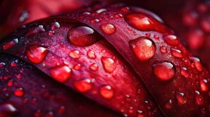 Dewdrops on red petals, macro close-up, dark background, floral design
