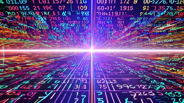 Colorful data stream illuminates the digital landscape, showcasing vibrant numbers and intricate patterns in a futuristic world. Generative AI