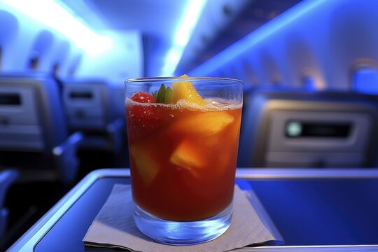 Refreshing mocktail with fresh fruit on airplane tray table for in-flight enjoyment
