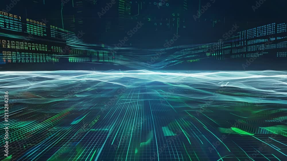 Poster explore a digital horizon with abstract waves and vibrant data patterns in a futuristic virtual real