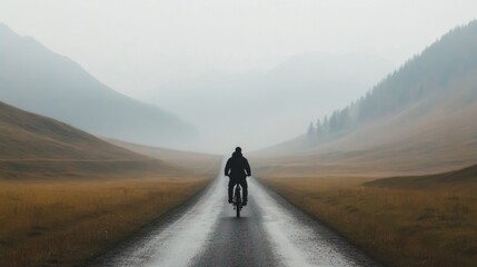 Cyclist on a foggy mountain road.