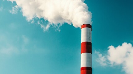Red-white industrial smokestack emitting white smoke against blue sky