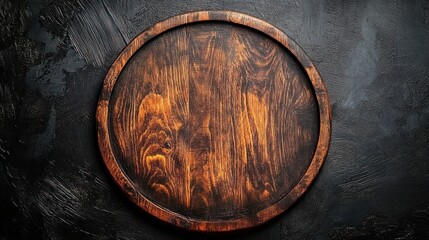 Fototapeta premium Rustic Wooden Circular Platter on Dark Table Overhead View Natural Light Texture