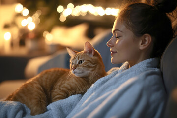 Cozy evening relaxation with cat and warm bathrobe