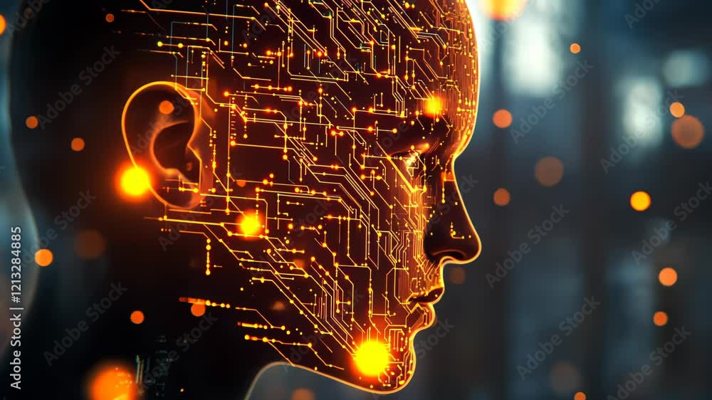 Poster exploring the fusion of technology and humanity in a stunning display of an illuminated robotic figu