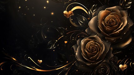 Luxurious design of golden roses, radiant hearts, and elegant swirls in a dark romantic setting