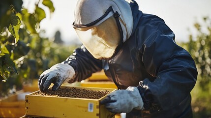 Beekeeper inspecting hive outdoors at sunrise, harvesting honey