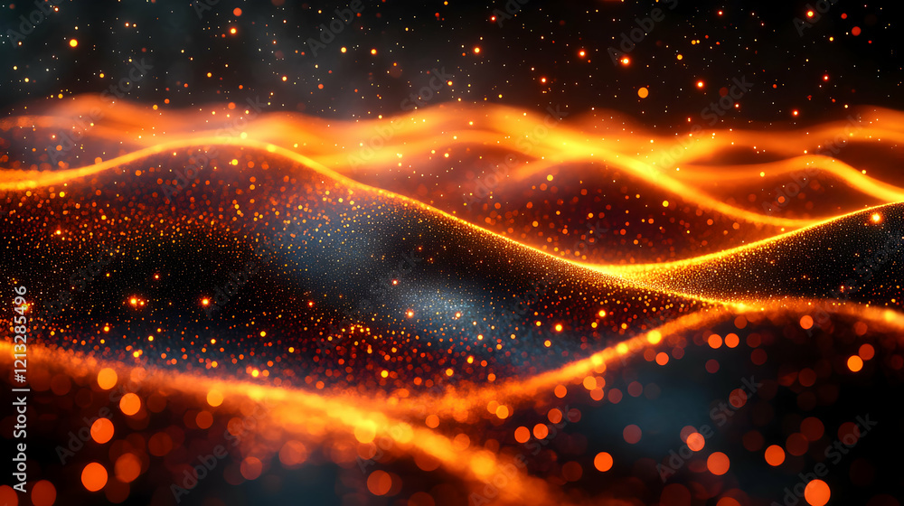 Poster glowing abstract background with orange and gold particles flowing dynamically