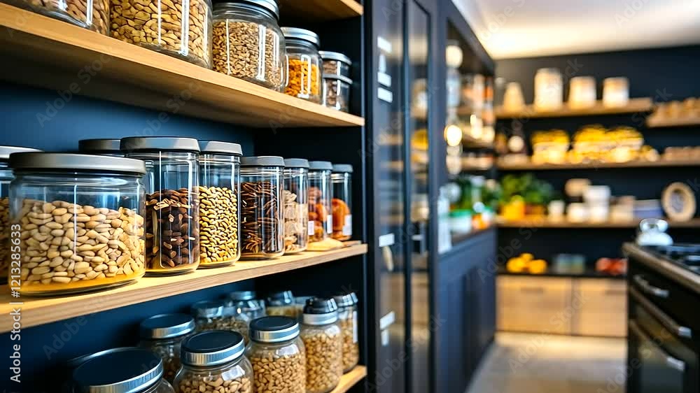 Poster shelves of a tidy pantry filled with labeled containers for food storage, showcasing an efficient an