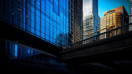 Cityscape, elevated walkway, skyscrapers, blue glass, urban, shadows, sunset, modern architecture, business, financial district
