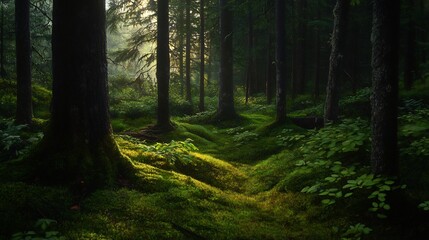 Obraz premium Enchanted Forest: Sunlit Mossy Path