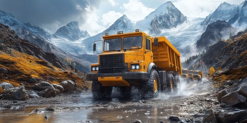 Yellow Construction Trucks Fleet in Rugged Environment with Dramatic Lighting and Dynamic Clouds