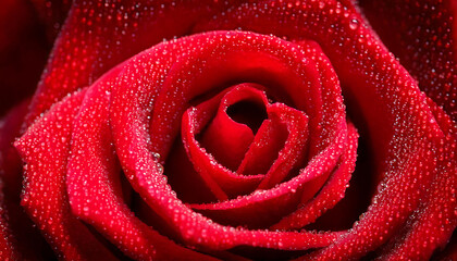 Close-up of a vibrant red rose, glistening with dew drops.  Perfect for romantic themes, Valentine's Day, or floral designs.  High-resolution detail showcases the beauty and texture of the petals.