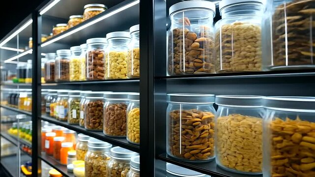 A well-lit pantry showcasing rows of labeled containers, storing everything from snacks to spices, offering inspiration for home organization.