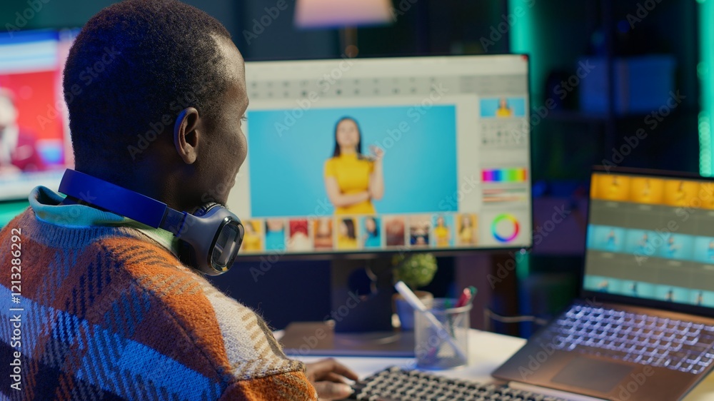 Poster black man photo editor in a well organized workspace editing images on dual monitors using advanced 