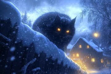 Depiction of a large, menacing cat haunting wintry landscapes.
