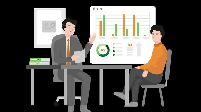 work meeting reviewing graphs, financial analysis company, office team work animation 4k on alpha channel