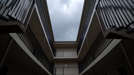 Fototapeta premium Apartment Courtyard, Cloudy Sky, Low Angle, Residential Building, Exterior