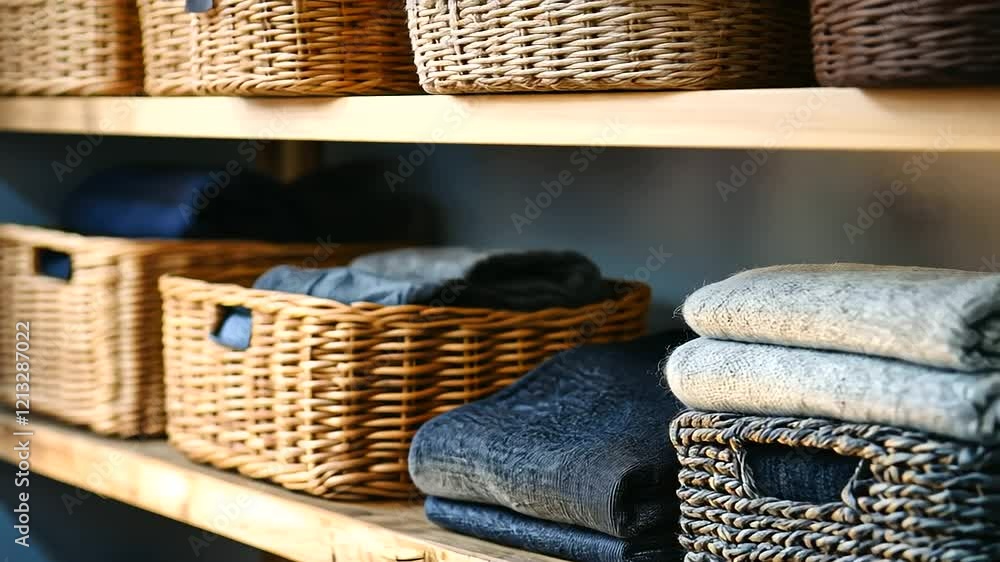 Poster a stylish and functional home storage solution with wicker baskets and fabric boxes on wooden shelve
