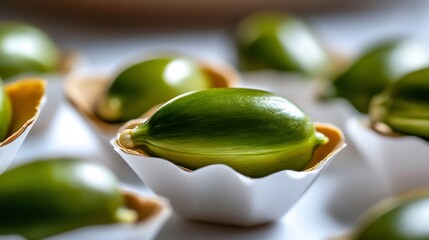 Close-up of vibrant green Jojoba seeds nestled in elegant white cups, showcasing their natural beauty and potential health benefits.