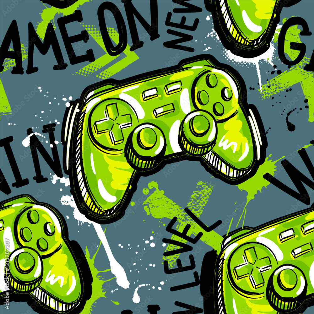 Poster seamless abstract pattern with joystick game and graffiti words. bright colorful vector print for bo