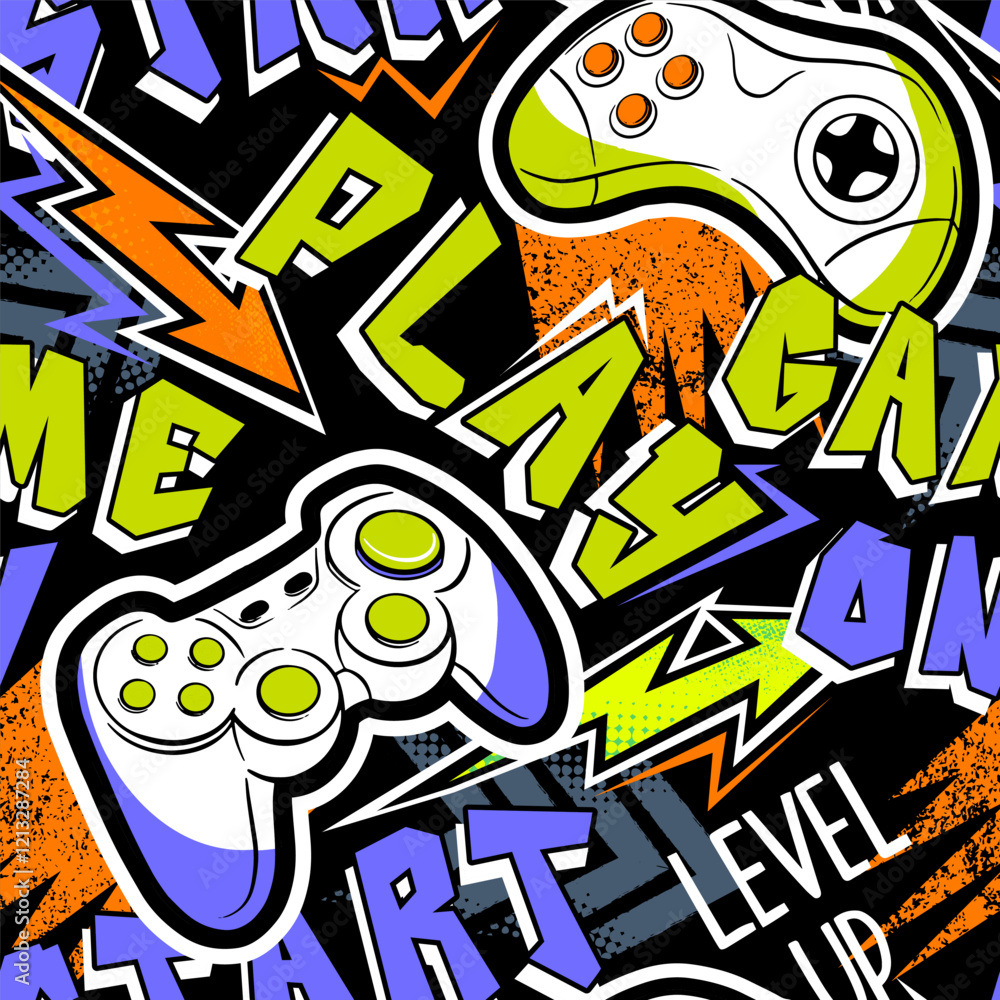 Poster seamless abstract pattern with joystick game and graffiti words. bright colorful vector print for bo