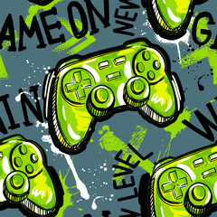 Seamless abstract pattern with joystick game and graffiti words. Bright colorful  vector Print for boys.