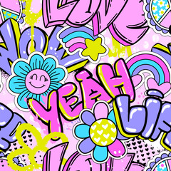 Abstract seamless chaotic pattern with graffiti words. Bright neon Grunge texture background. Wallpaper for girls.  Fashion urban  style