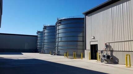 Industrial facility storage tanks, sunny day, exterior view, clean energy