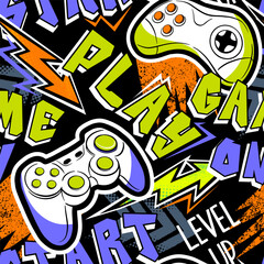 Seamless abstract pattern with joystick game and graffiti words. Bright colorful  vector Print for boys.