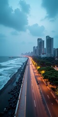 Obraz premium A coastal road leads to a city skyline, with a pier jutting out into the ocean