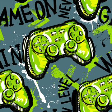 Seamless abstract pattern with joystick game and graffiti words. Bright colorful  vector Print for boys.