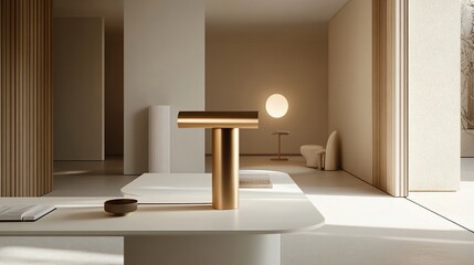 Minimalist gold lamp on modern table, sunlit lobby, serene background, interior design