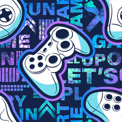 Seamless abstract pattern with joystick game and graffiti words. Bright colorful  vector Print for boys.