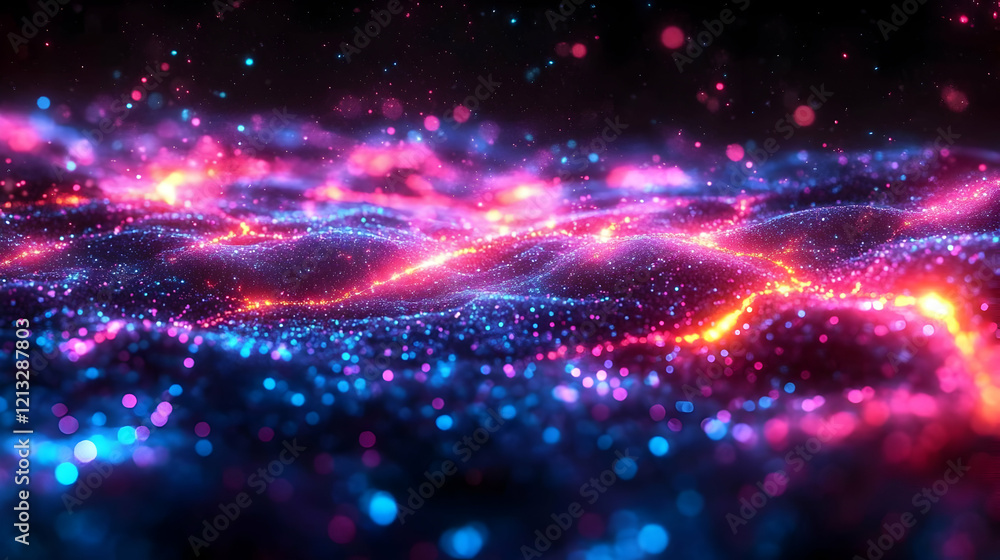 Poster abstract glowing particle background with dynamic waves and vibrant colors