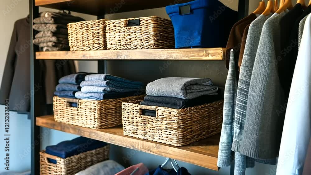 Poster modern shelves lined with wicker baskets and durable fabric boxes, arranged to store clothes and bla