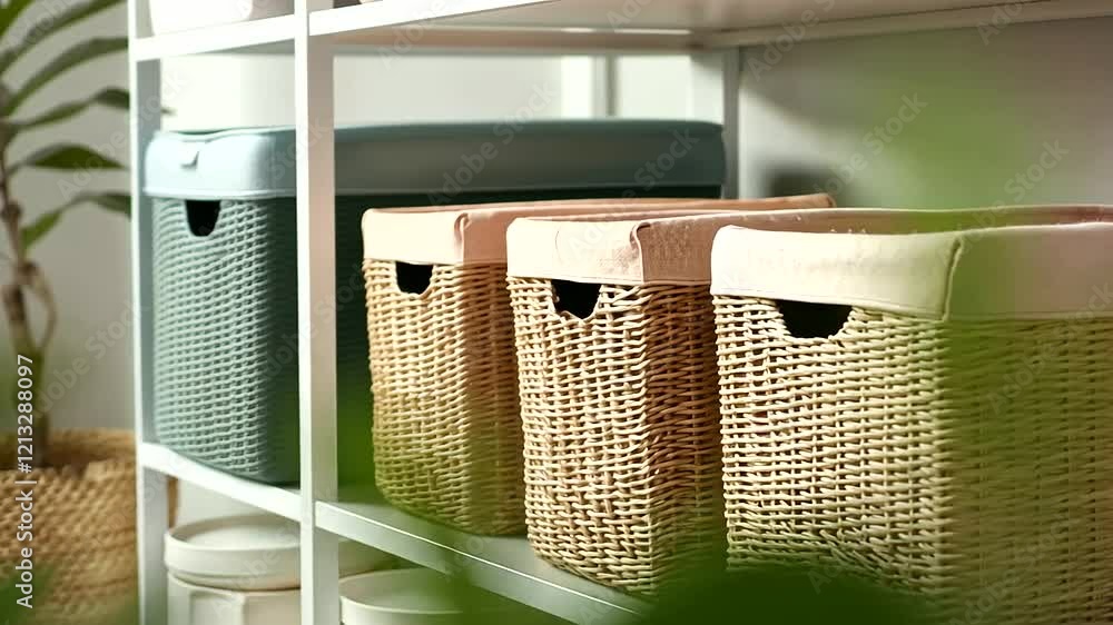 Poster a harmonious storage area with shelves featuring wicker baskets and pastel-colored fabric boxes, cre