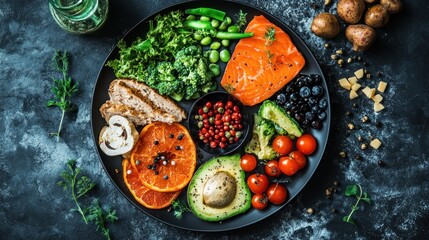 Healthy plate salmon meal prep dark background