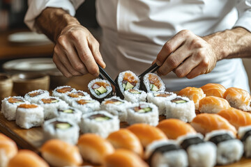 Professional chef preparing sushi in a modern kitchen setting