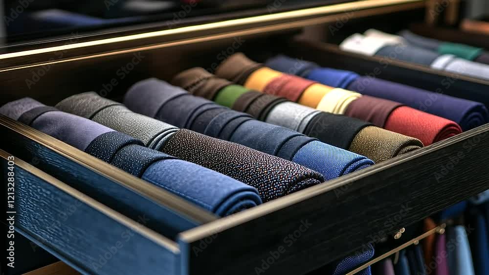 Poster a sleek storage drawer featuring rows of color-coordinated clothes, perfectly folded and categorized