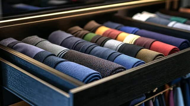A sleek storage drawer featuring rows of color-coordinated clothes, perfectly folded and categorized by type, demonstrating an effective organizational method.