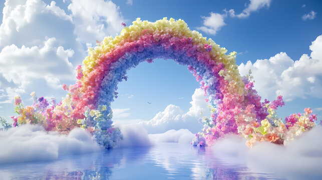 A vibrant rainbow archway with clouds on a blue background. this whimsical scene is perfect for adding a touch of magic to any project. Rainbow Archway. Illustration